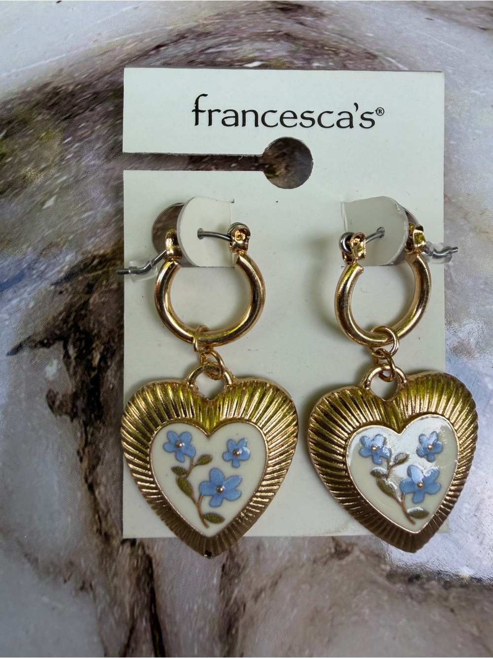 Francesca's Collections Gold Heart Drop Earrings with Blue Flower Accents